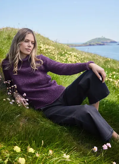Fisherman Donegal Fleck Saddle Shoulder Sweater in Blackcurrant
